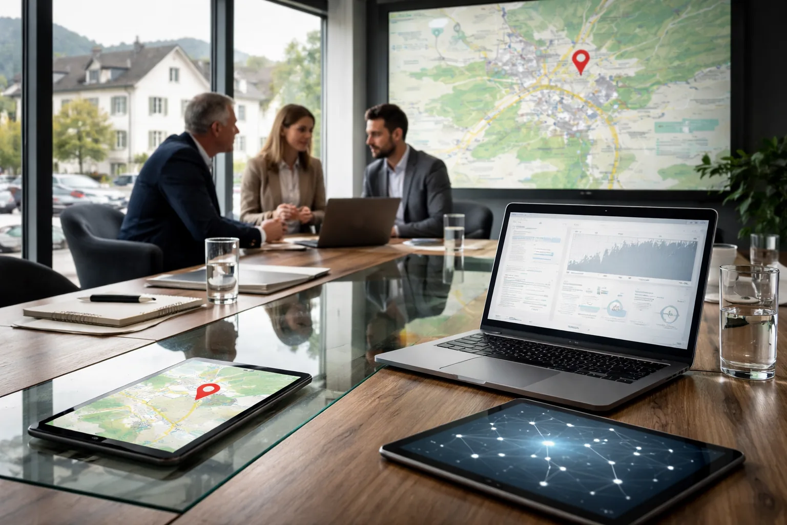 Fotorealistisches Hero-Bild einer B2B-Agentur in Deutschland: Strategiegespräch mit Karten-, Analyse- und KI-Suchbezug
in modernem Besprechungsraum, mit deutschem Lokalitätskontext und Fokus auf Asbach.