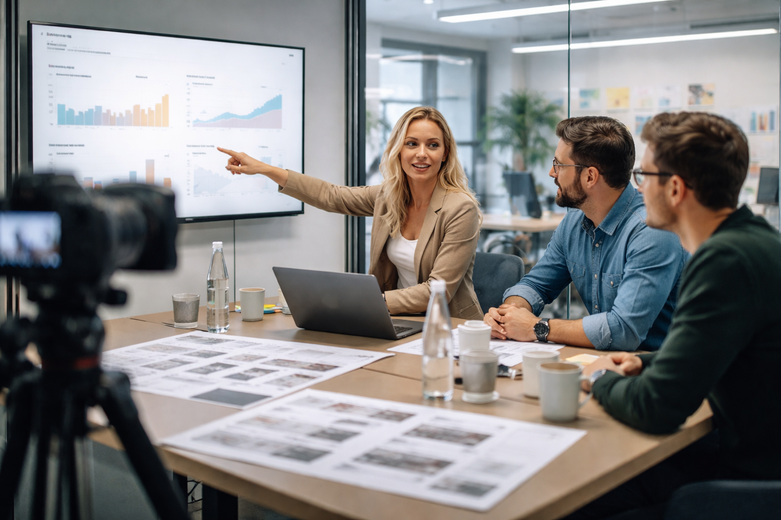 Fotorealistisches B2B-Hero-Bild: Teammeeting im deutschen Besprechungsraum mit Glaswänden, unscharfen KPI-Dashboards, Kamera-Setup und Storyboard-Ausdrucken, dazu ein fokussierter Arbeitsplatz im Hintergrund.