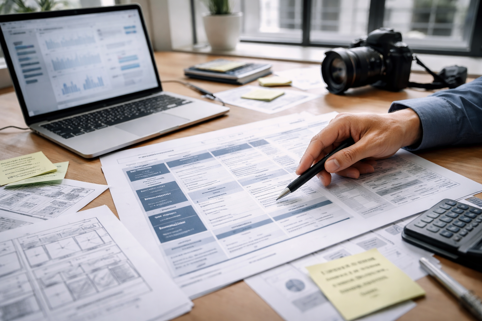 Fotorealistisches Hero-Bild: Hand, Laptop und unscharfe Planungsunterlagen auf einem deutschen Agentur-Schreibtisch, mit Haftnotizen, Wireframes, Storyboard-Ausdrucken und Kamera-Setup für eine sachlich fokussierte Kostenplanung.