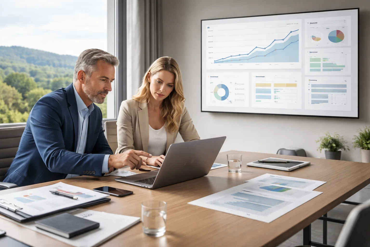 Fotorealistisches
B2B-Hero-Bild: Zwei Entscheider in einem modernen Büro im Westerwald bewerten Website-, SEO- und Marketing-Leistungen
einer Agentur-Flatrate anhand von Dashboards und Unterlagen.