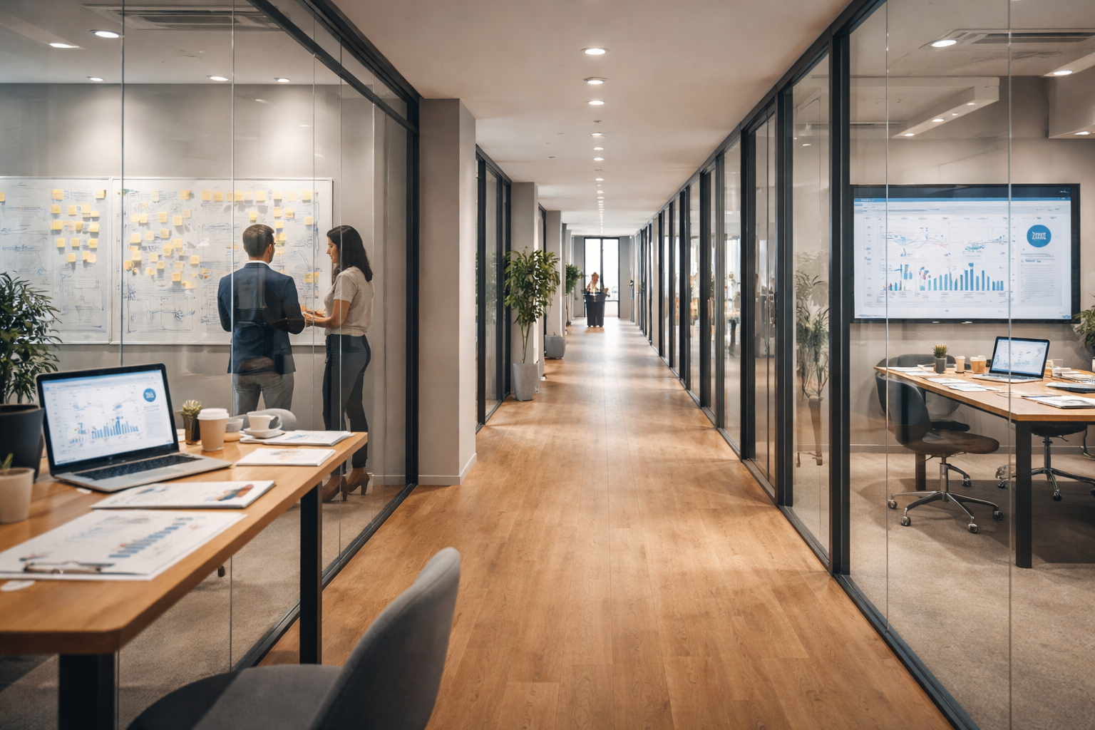 Fotorealistisches Hero-Bild: ruhiger moderner Buero-Flur in Deutschland mit Blick in eine Glaszone, in der Konzept-Review, SEO-Dashboard und Kampagnenplanung für ein monatliches Agenturmodell sichtbar sind.