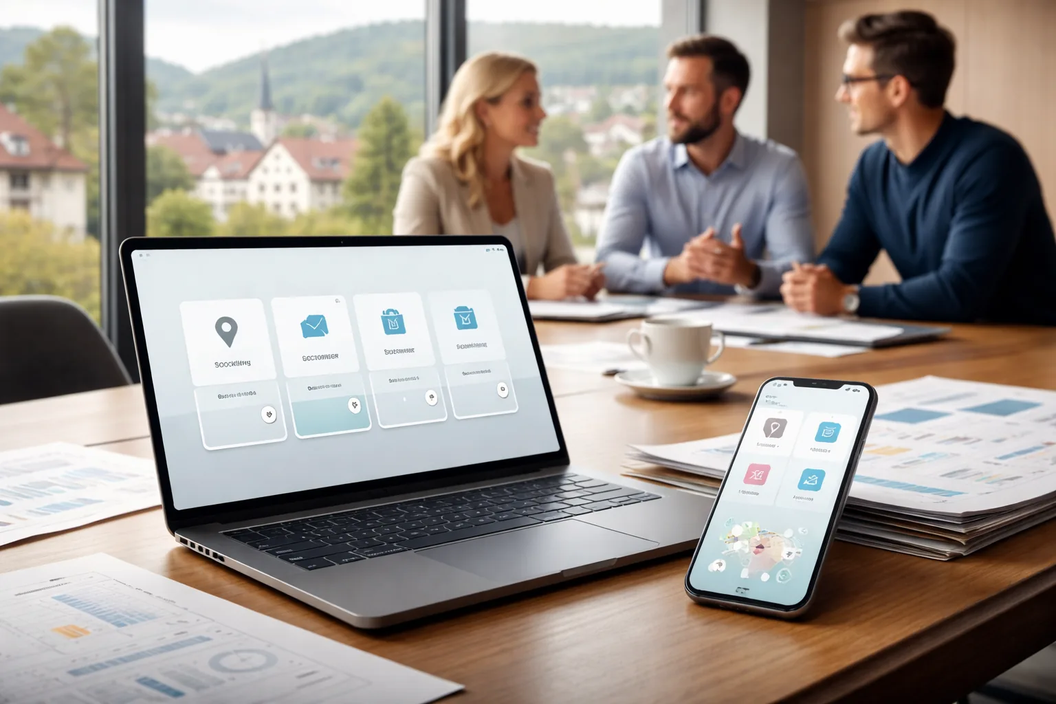 Fotorealistisches Hero-Bild
einer professionellen App-Planung in einem deutschen Mittelstandsunternehmen in Asbach mit Smartphone, Laptop und
regionalem Deutschland-Kontext.