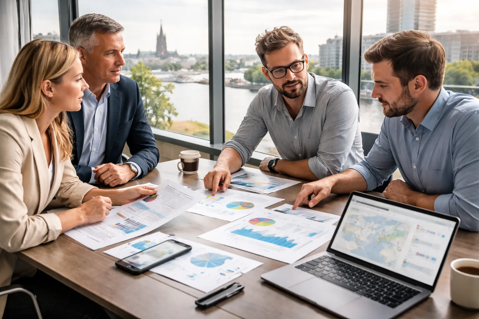 Fotorealistisches Hero-Bild: Ein deutsches B2B-Team plant in einem modernen Besprechungsraum im Rheinland eine App und
stimmt Technik, Budget und Sichtbarkeit anhand von Smartphone, Laptop und Unterlagen ab.