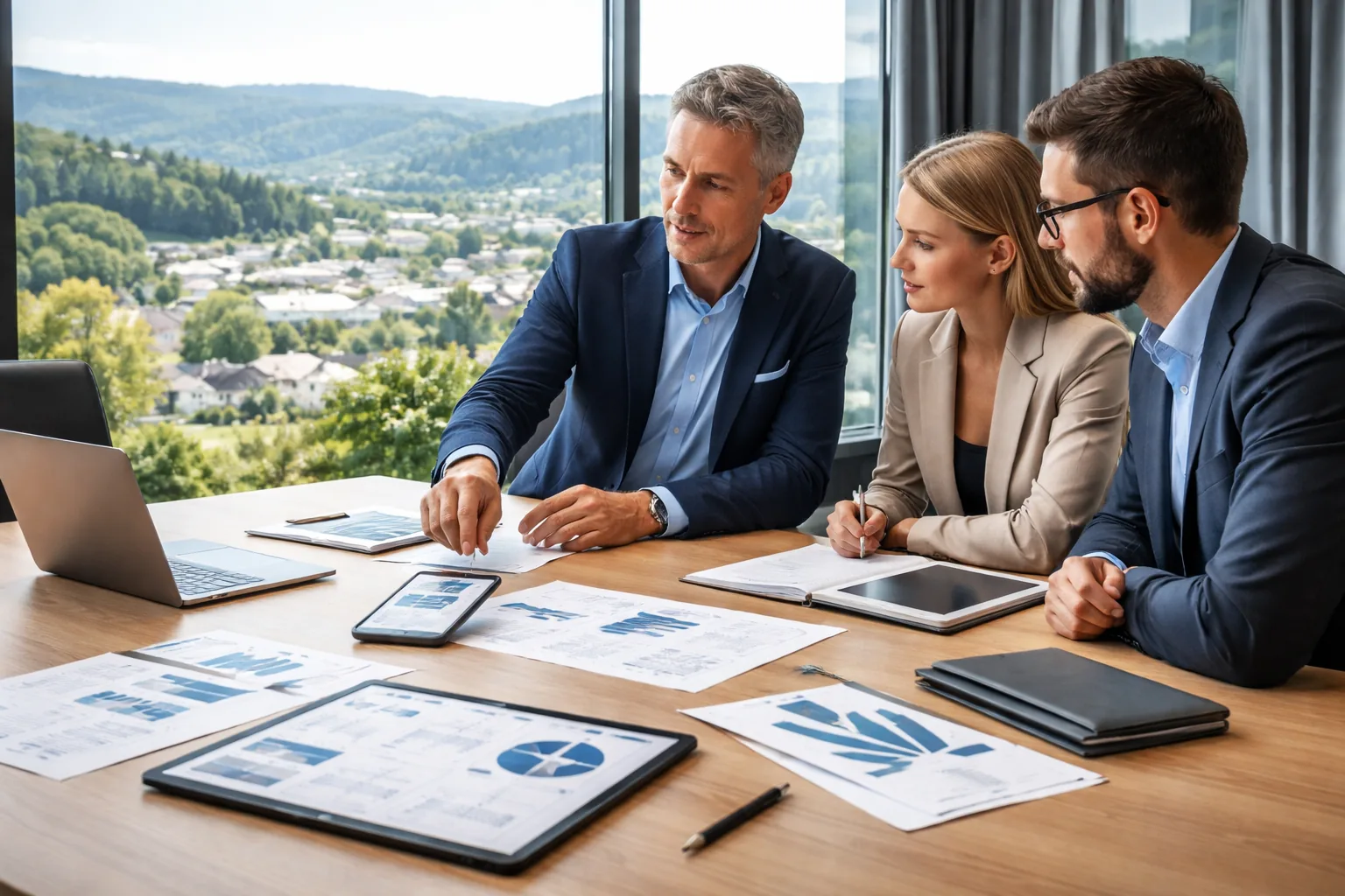 Drei Fachleute in einem
modernen Besprechungsraum im Westerwald planen eine Unternehmens-App anhand von Smartphone, Tablet und Laptop; durch das
Fenster sieht man typische deutsche Mittelgebirgslandschaft und Gewerbebauten.