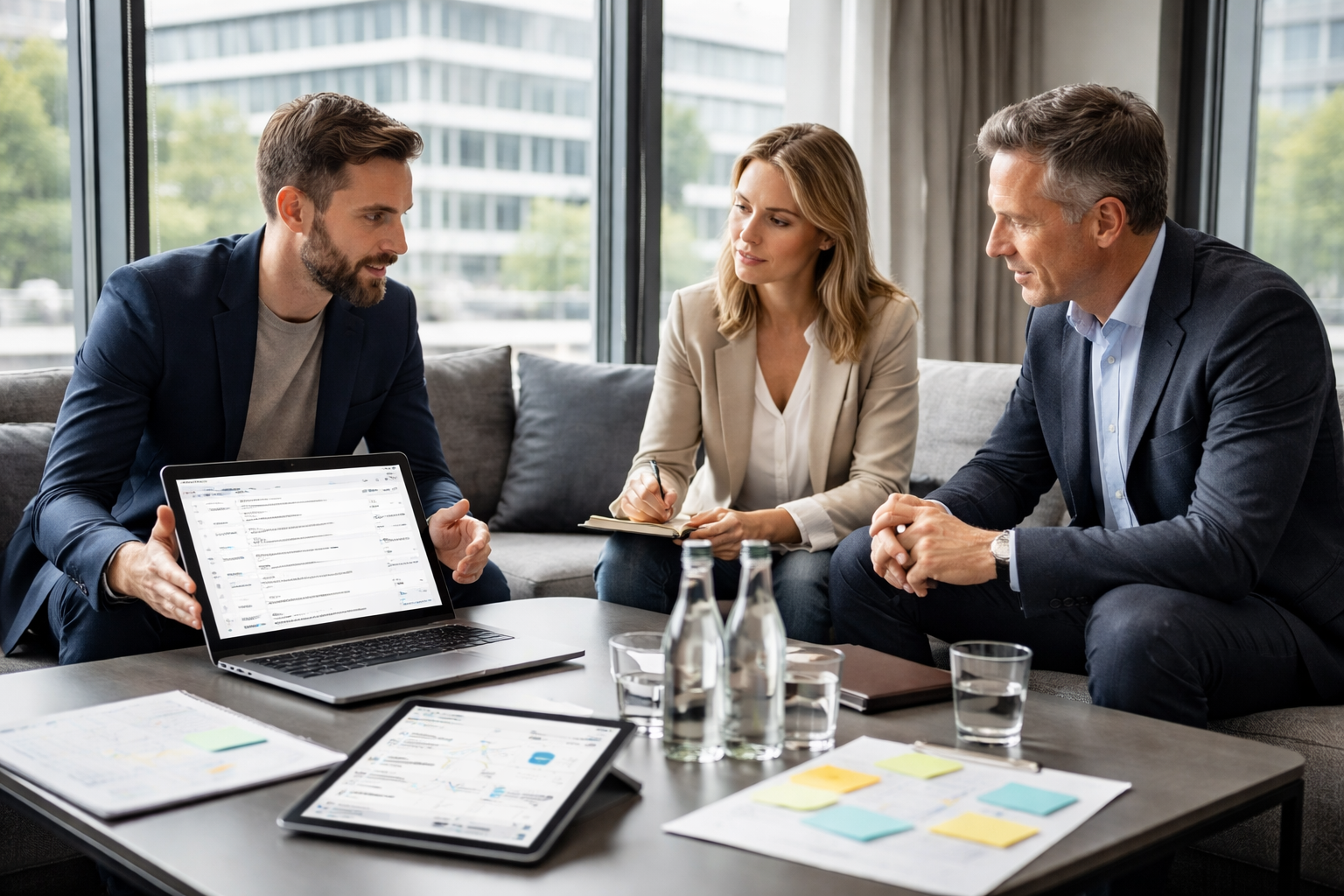 Kundentermin in einer modernen deutschen Office-Lounge: Agentur und Unternehmensseite besprechen in halbtotaler Werbeaufnahme ein laufendes Entwicklungs-Abo mit unscharfen QA-, Prototyp- und Retro-Unterlagen.