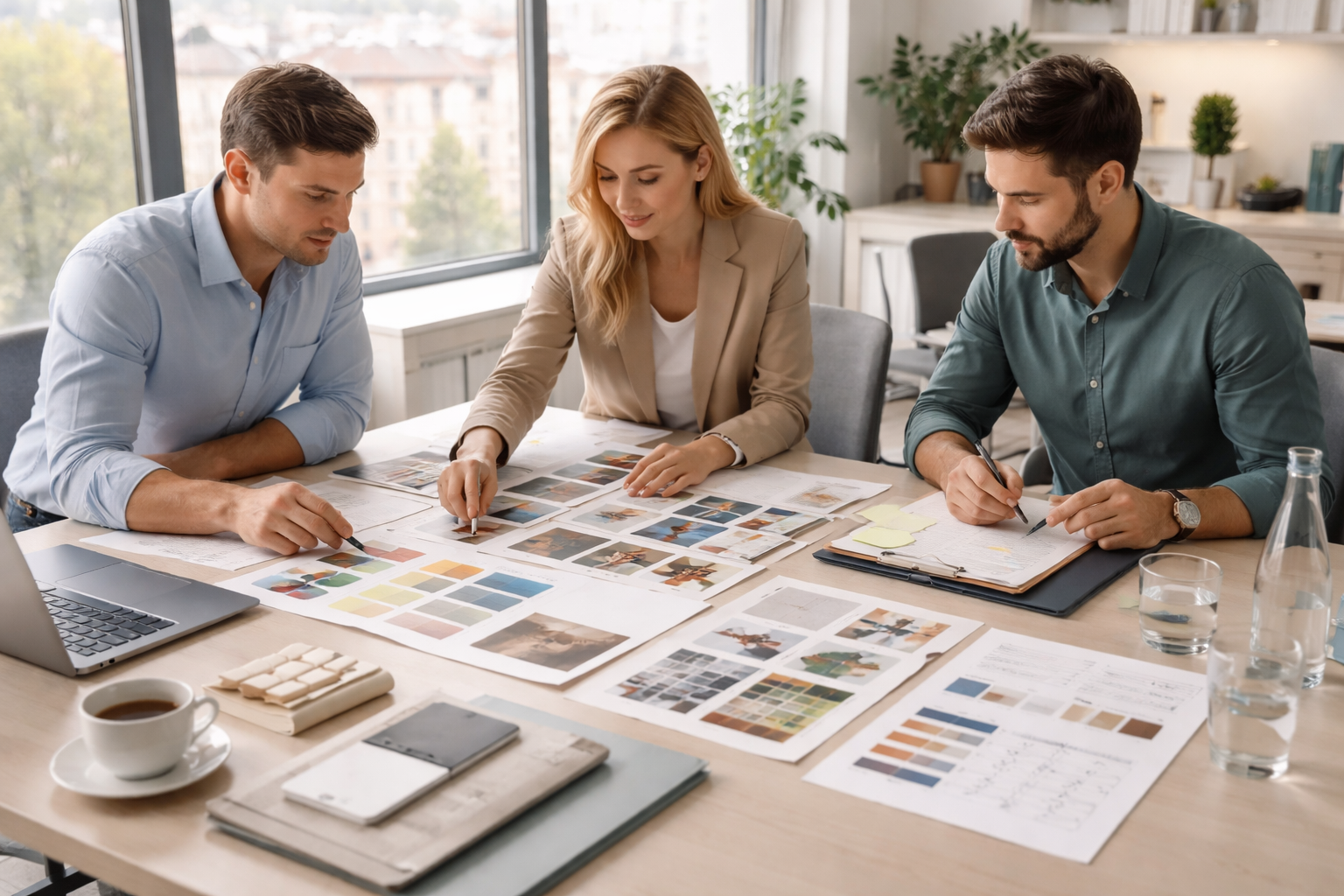 Drei Fachleute in einem hellen deutschen Agentur-Office stimmen an einem grossen Tisch Moodboard, Farbmustern und priorisierte Designaufgaben für wiederkehrende Leistungen und ein Einzelprojekt ab.