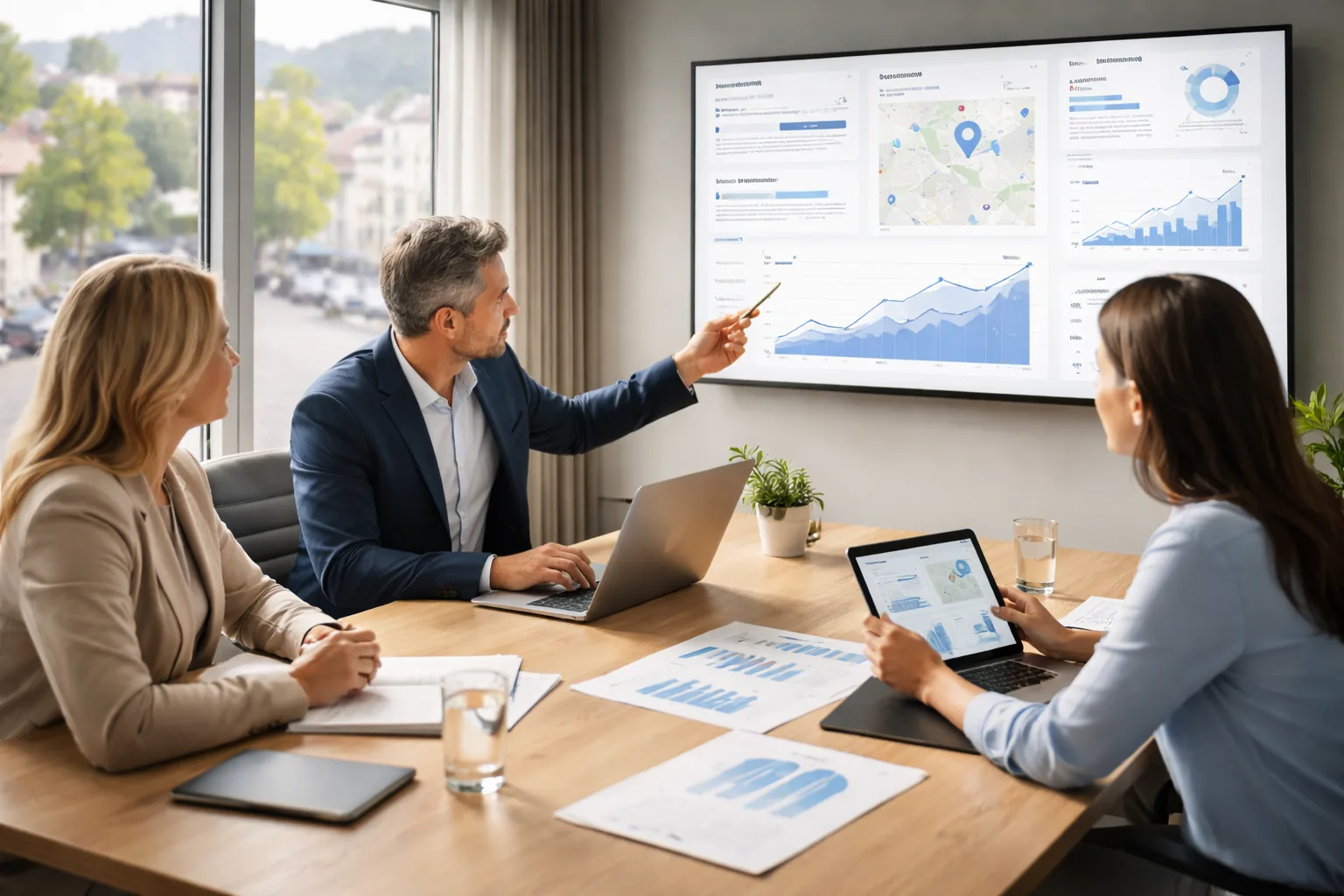 Fotorealistisches B2B-Hero-Bild: Ein deutsches Entscheidungsteam bewertet in einem modernen
Besprechungsraum Website, SEO, lokale Sichtbarkeit, Tracking und KI-Suche anhand von Daten und digitalen Oberflächen.