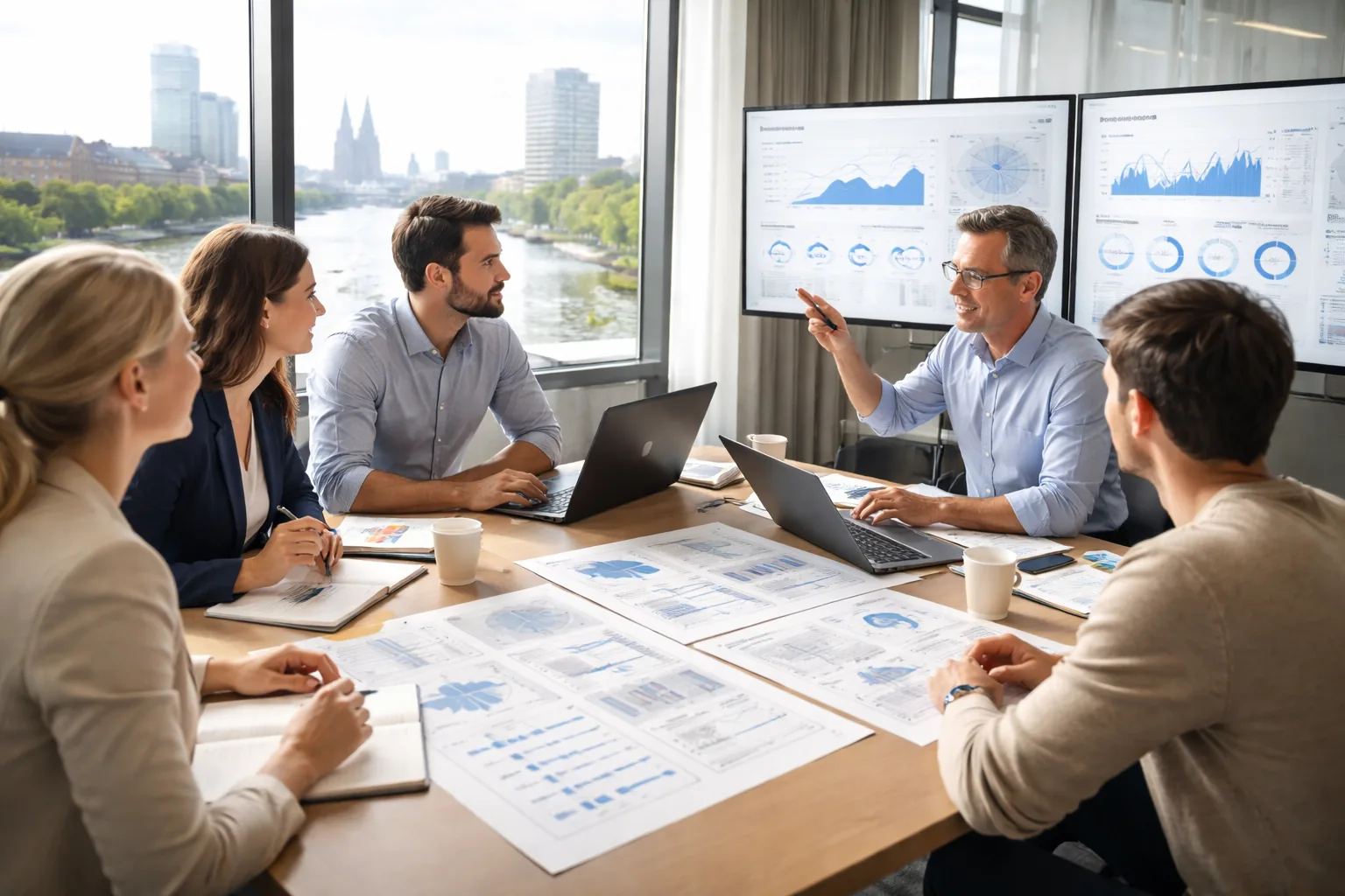 Fotorealistisches
Hero-Bild eines B2B-Teams mit Berater in einem modernen Büro im Rheinland, das Website, SEO, KI-Sichtbarkeit und Analyse
gemeinsam plant; im Hintergrund ein urbaner Rhein-Kontext in Deutschland.