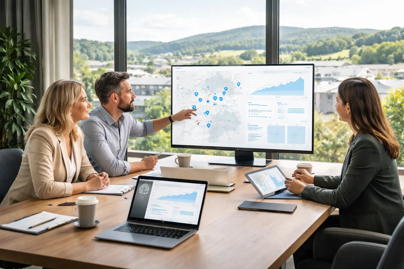 Fotorealistisches B2B-Hero-Bild mit Unternehmensvertretern und Digitalagentur in einem modernen Besprechungsraum in
Deutschland, vor Bildschirmen mit textfreien SEO-, Karten- und KI-Visualisierungen, mit regionaler Westerwald-Anmutung
im Hintergrund.