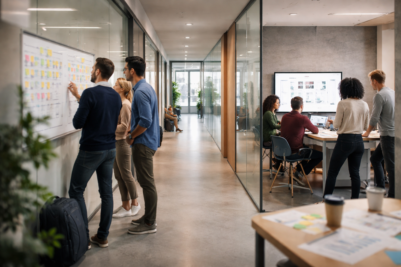 Fotorealistische Werbeaufnahme eines Teams in einem modernen deutschen Büroflur: Daily-Stand-up am digitalen Taskboard, unscharfe Designansicht auf Laptop und schnelles Wireframe-Review als Bild für einen Artikel über Entwicklungs-Retainer und laufende digitale Weiterentwicklung.