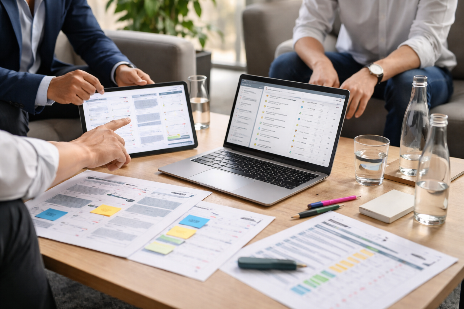 Nahaufnahme eines professionellen Kundentermins in einer deutschen Office-Lounge: externes Designteam und Unternehmensseite prüfen Prototyp, QA-Unterlagen und Workshop-Materialien an einem strukturierten Loungtisch.