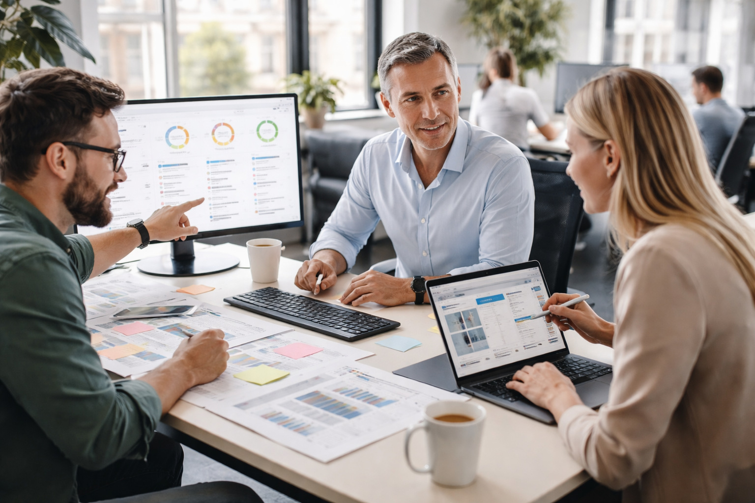 Drei Fachleute arbeiten in einem hellen deutschen Agentur-Office gemeinsam an Performance-Analyse, Kampagnenplanung und Usability-Test für ein KMU.