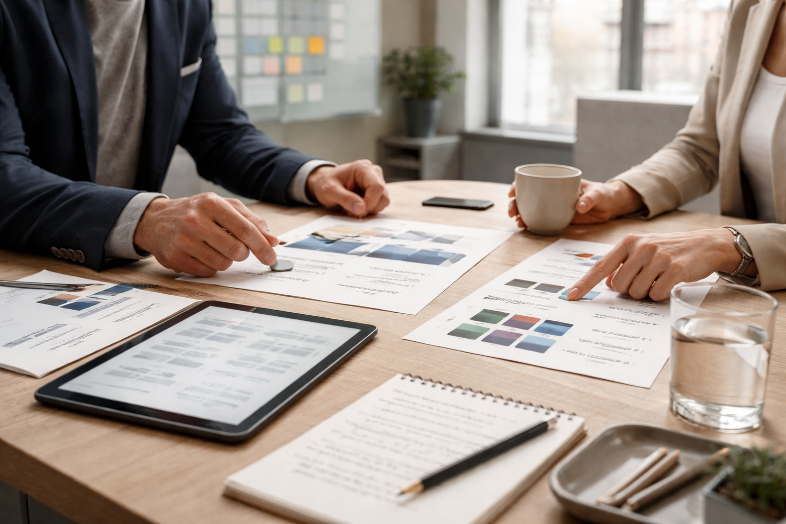 Nahaufnahme in einer deutschen Digitalagentur: Hände über Farbchips, Typografieproben und Tablet-Prototyp im Empfangsbereich, im Hintergrund unscharfes Kanban-Board – ruhige, hochwertige B2B-Werbeaufnahme zur externen Marketingabteilung.