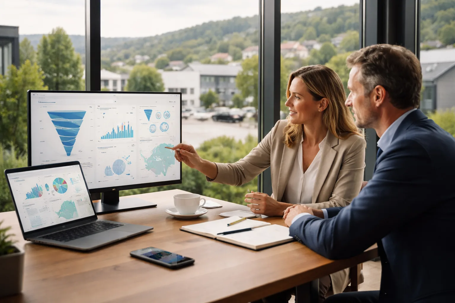 Fotorealistische
Werbeaufnahme einer Marketing-Beraterin und eines Geschäftsführers in einem modernen Besprechungsraum in Asbach, die
lokale Leads, Tracking und Sichtbarkeit anhand textfreier Analysen besprechen.