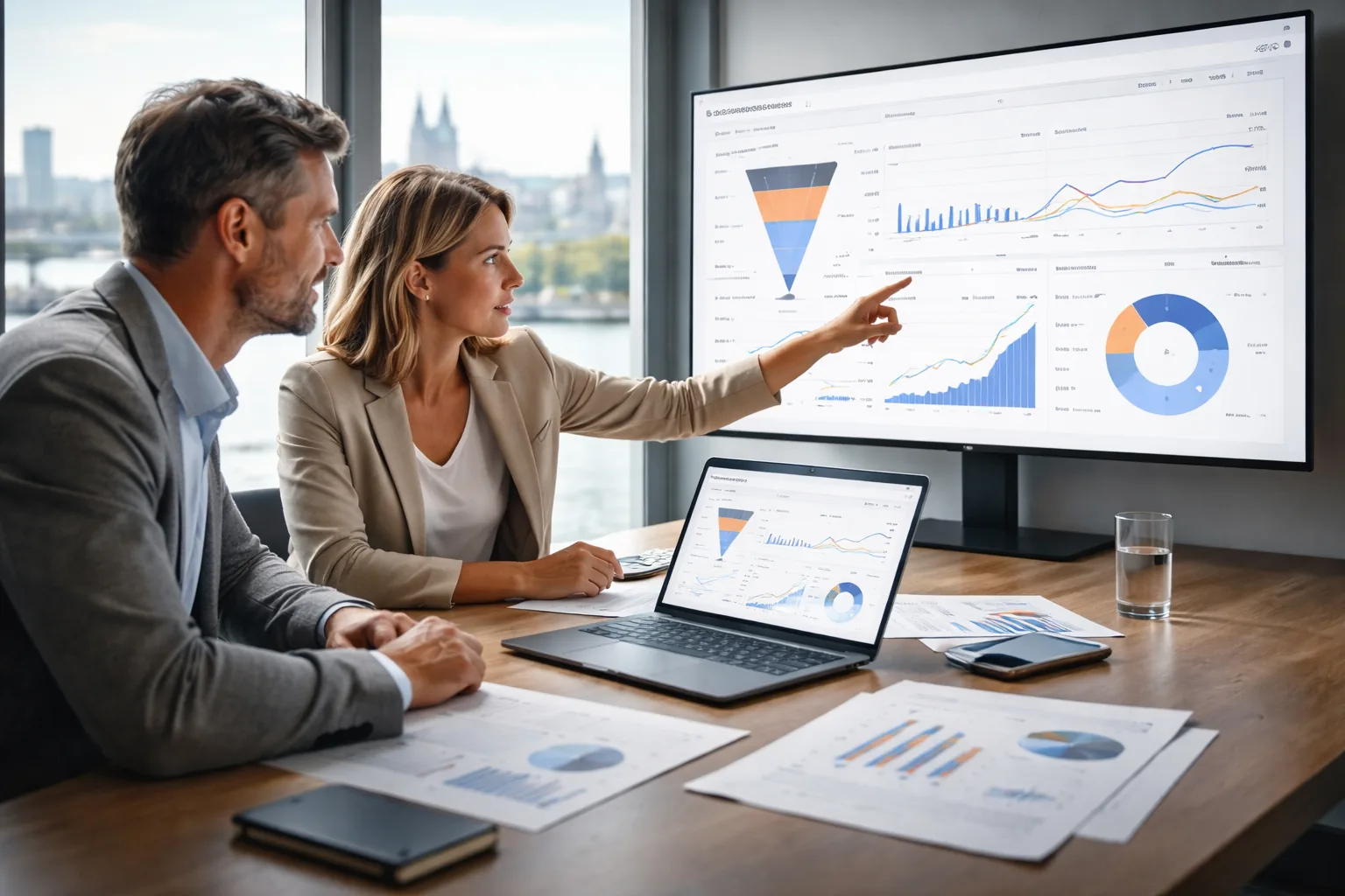 Fotorealistisches Hero-Bild einer Besprechung in einem modernen KMU-Büro im Rheinland: Geschäftsführung und
Marketing-Beratung analysieren auf Laptop und Monitor anonymisierte Kampagnen-Dashboards zu Kosten, Tracking und
Leadqualität, mit subtiler Rhein- und Köln-Silhouette im Hintergrund.