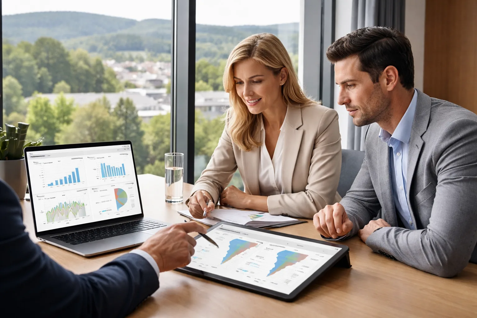 Professionelle B2B-Besprechung in einem modernen deutschen Konferenzraum im Westerwald, bei der Fachleute lokale
Leadzahlen, Budget und digitale Sichtbarkeit anhand textfreier Analytics-Dashboards bewerten.