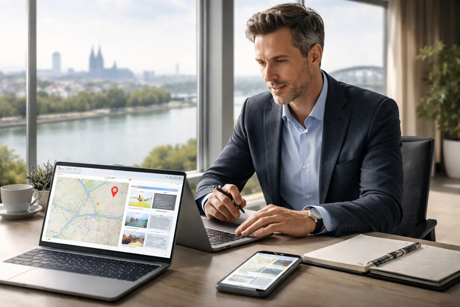 Fotorealistisches Hero-Bild eines Business-Verantwortlichen in einem modernen Buero im Rheinland mit Blick auf den
Rhein, der auf Laptop und Smartphone eine lokale Karten- und Profilansicht ohne Text analysiert.