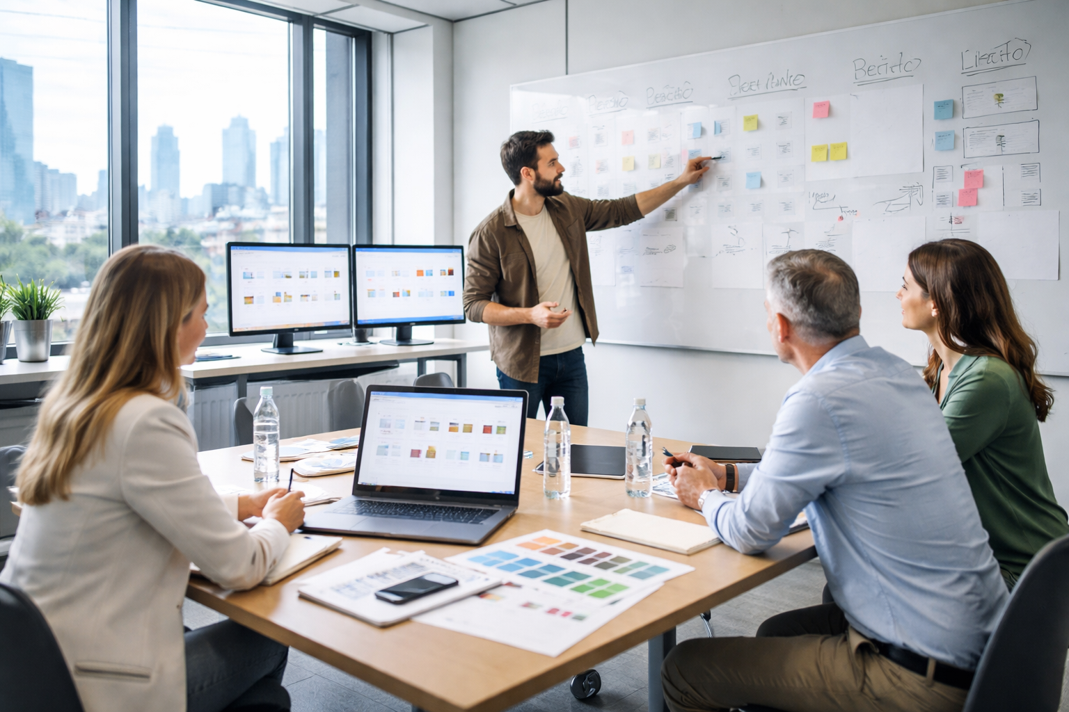 Fotorealistisches Hero-Bild einer Workshop-Szene in einem deutschen B2B-Projektraum: Team am Whiteboard, Laptop und mehreren Monitoren plant ein laufendes Grafikdesign-Abo mit Moodboard, Performance-Check und Budgetabstimmung.