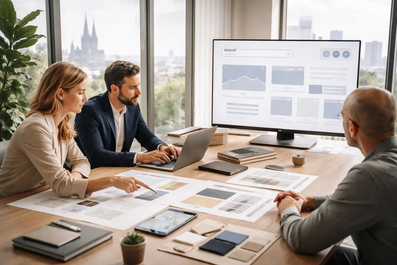 Fotorealistisches Werbe-Hero-Bild eines modernen B2B-Meetings im Rheinland mit Fokus auf
Grafikdesign, Website-Struktur und lokale digitale Sichtbarkeit vor einer dezenten Köln-Kulisse.
