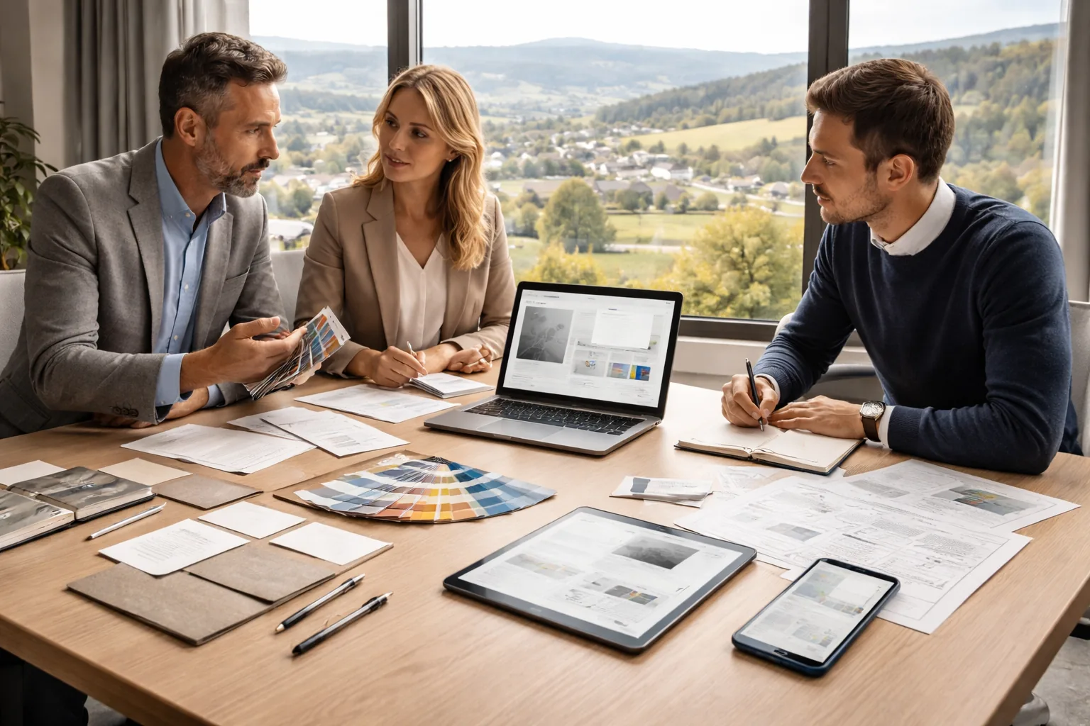 Strategische Designbesprechung in einem modernen B2B-Büro im Westerwald mit Website-Mockups, Printmustern und Blick auf
die deutsche Mittelgebirgslandschaft.