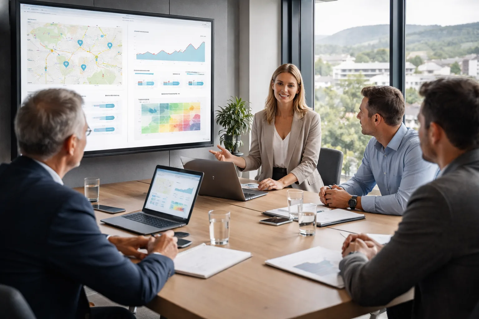 Geschäftsleitung und
KI-Beraterin prüfen in einem modernen deutschen Besprechungsraum textfreie Dashboards zu lokaler Sichtbarkeit, SEO, GEO
und Automatisierung.