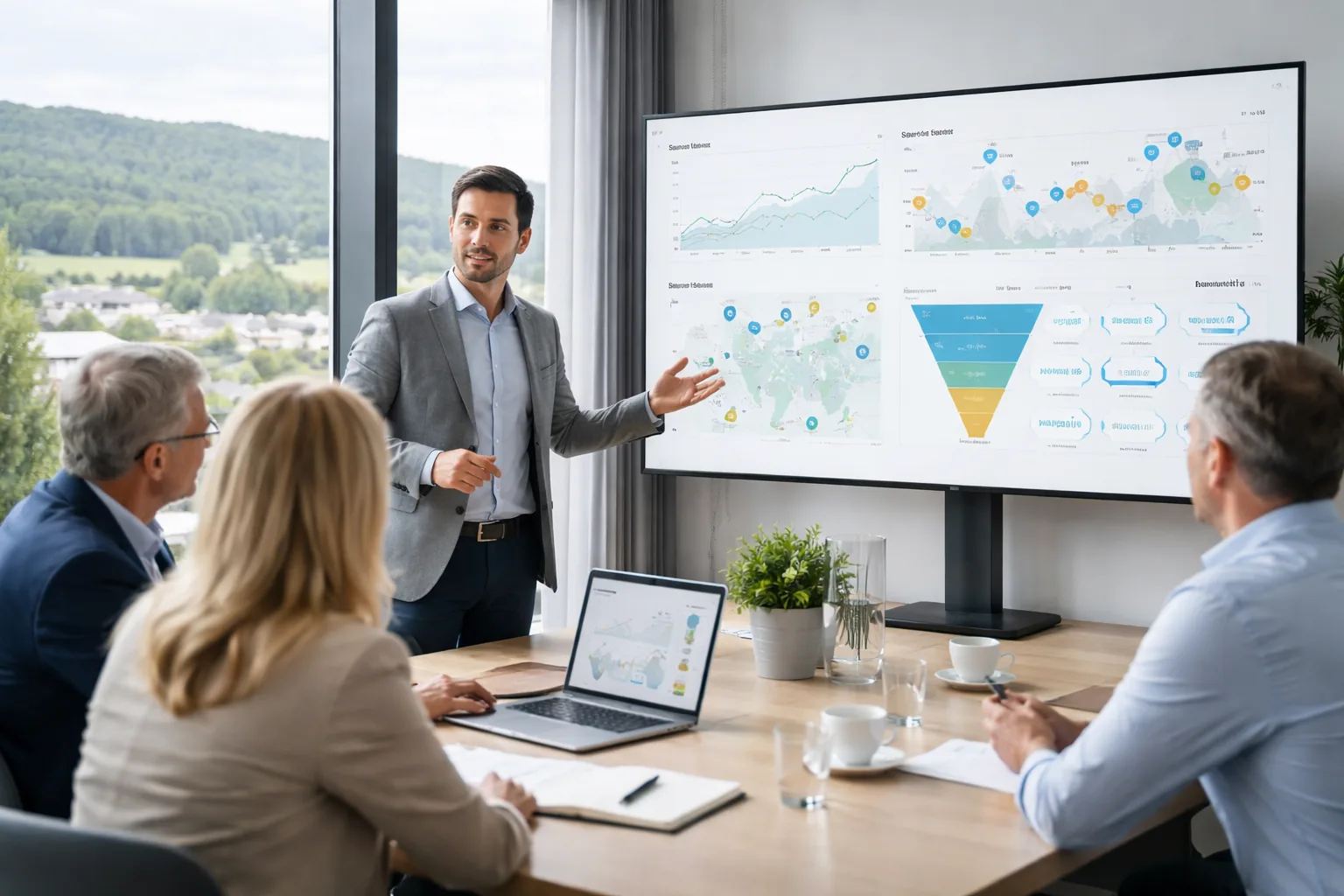 Fotorealistisches Hero-Bild einer B2B-Besprechung in einem deutschen Mittelstandsunternehmen im
Westerwald: Entscheider und Berater analysieren auf textfreien Dashboards Sichtbarkeit, Leads und Automatisierung.