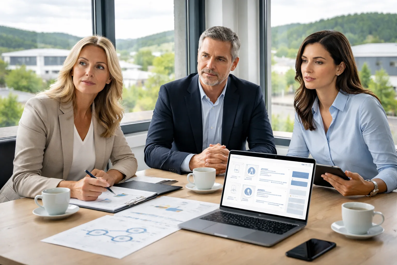 Drei Entscheider in einem
modernen Besprechungsraum eines deutschen KMU im Westerwald bewerten auf Laptop und Tablet sachlich den Einsatz eines
KI-Chatbots für Anfragen, Service und Leadgenerierung.