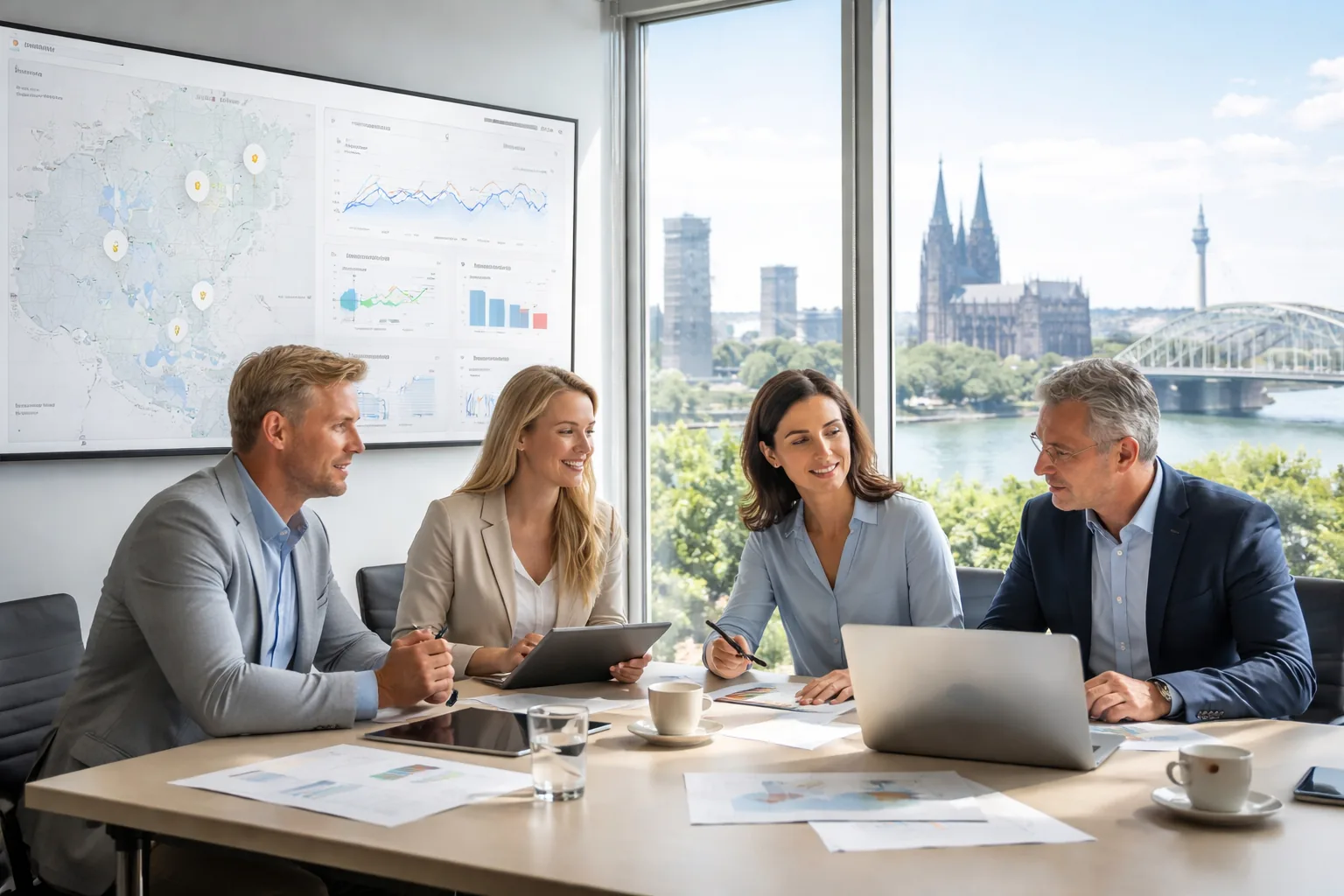 Fotorealistisches
Hero-Bild eines KMU-Teams im Rheinland, das in einem modernen Konferenzraum mit Blick auf den Rhein datenbasierte
KI-Strategien für Sichtbarkeit, Service und Vertrieb abstimmt.