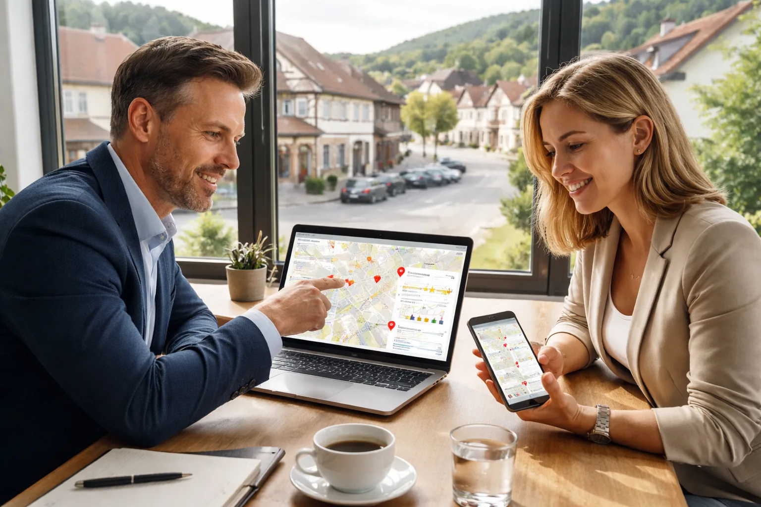 Zwei Mitarbeitende eines deutschen KMU analysieren in einem Besprechungsraum lokale
Online-Sichtbarkeit auf Laptop und Smartphone, mit Blick auf eine deutsche Kleinstadtlandschaft passend zu Asbach.