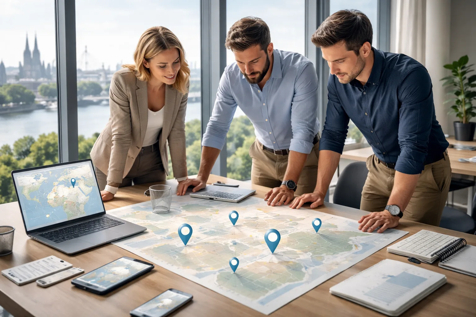 Fotorealistische Werbeaufnahme
eines KMU-Teams in einem modernen Konferenzraum im Rheinland mit mehreren konsistenten digitalen Standortansichten und
Blick auf Rhein und Kölner Dom im Hintergrund.