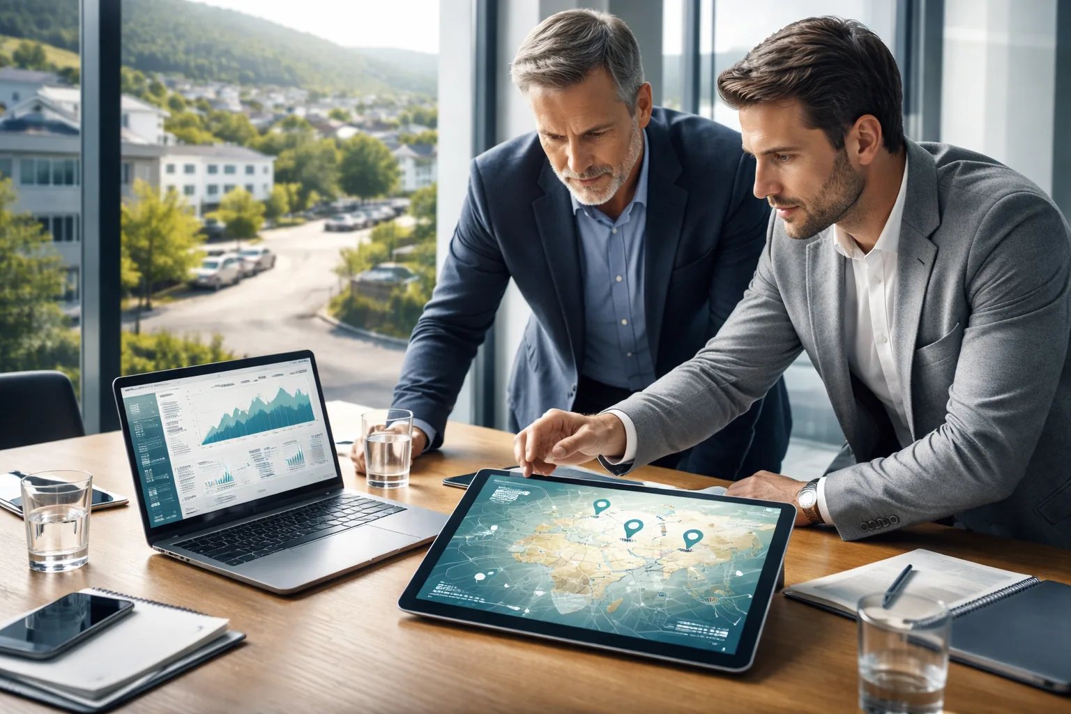 Fotorealistisches
B2B-Hero-Bild: Zwei Entscheider in einem modernen Büro in Asbach analysieren auf Laptop und Tablet eine textfreie lokale
Karten- und Datenansicht; im Hintergrund sind typische deutsche Architektur und die bewaldeten Hügel des Westerwalds zu
sehen.