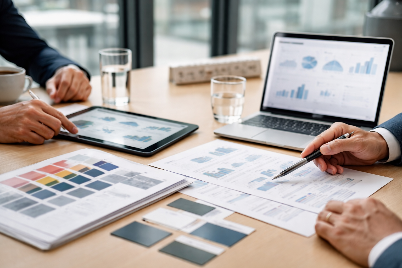 Detailaufnahme in einem deutschen Besprechungsraum mit Glaswänden: Hände über Farbchips, Tablet-Prototyp und unscharfen KPI-Ansichten, strategische B2B-Atmosphäre.