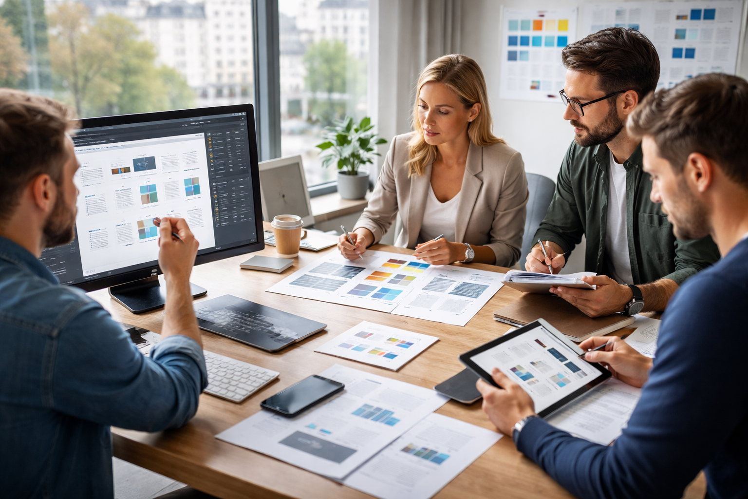 Konzentriertes Marketingteam in einer modernen deutschen Agenturumgebung arbeitet an mehreren Bildschirmen mit Design, Briefing-Unterlagen und Prototypentest in strategischer, vertrauenswuerdiger Stimmung.