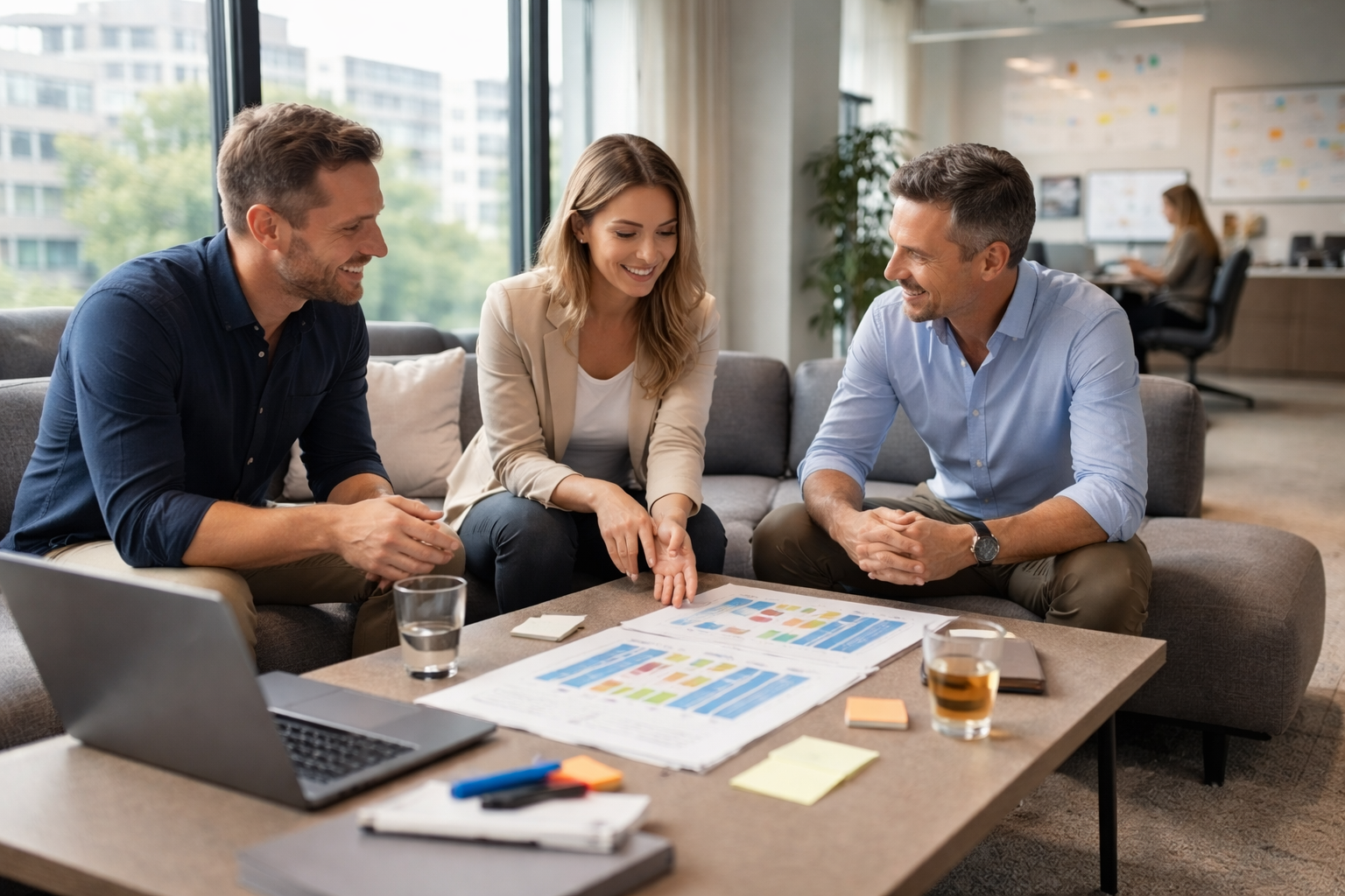 Weitwinkelaufnahme eines ruhigen Kundentermins in einer deutschen Agentur-Lounge mit Workshop-Tisch, Laptop und flexibler Projektplanung.