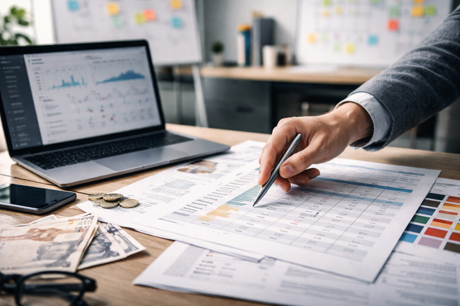 Fotorealistische Nahaufnahme eines Agentur-Schreibtischs in Deutschland mit Hand, Laptop und unscharfen Planungsunterlagen; im Hintergrund Whiteboard, Kanban-Board sowie Typografieproben und Farbchips als Hinweis auf die Bewertung einer Online-Marketing-Flatrate für KMU.