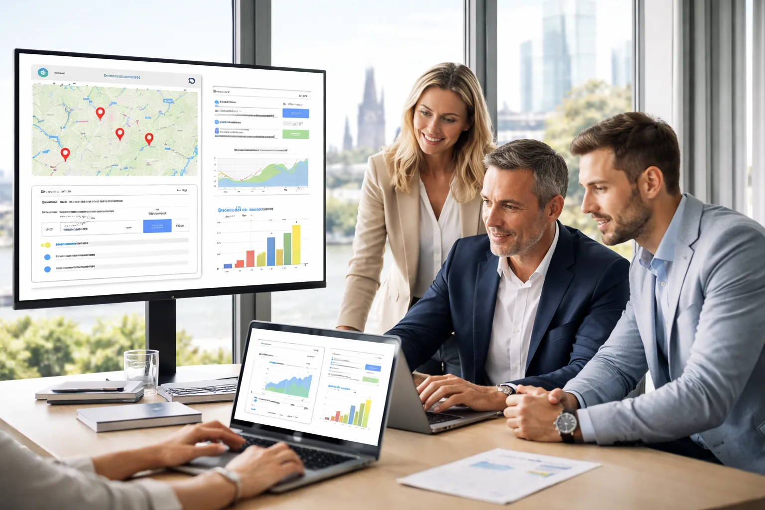 Fotorealistische Werbeaufnahme eines KMU-Teams im Rheinland, das in einem modernen Besprechungsraum ein integriertes
Online-Marketing-Dashboard mit lokaler Karte, Suchmodulen, KI-Suche und Performance-Daten analysiert.