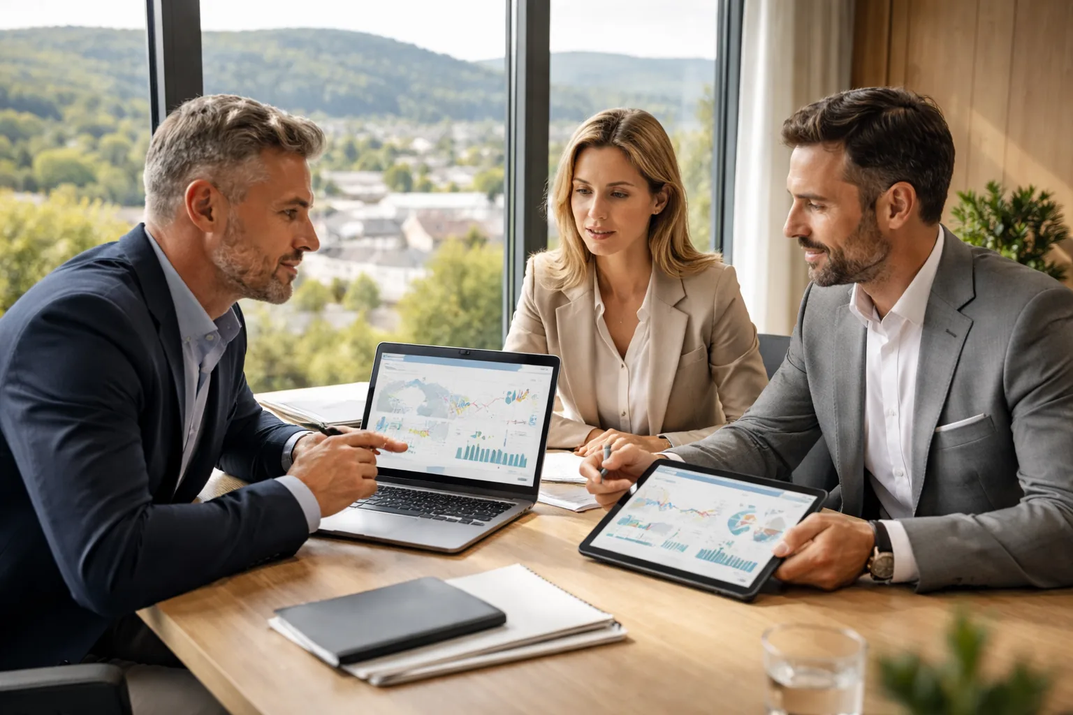 Drei Entscheider eines
mittelständischen Unternehmens im Westerwald analysieren in einem modernen Besprechungsraum regionale
Online-Marketing-Daten auf Laptop und Tablet, mit Blick auf eine typische deutsche Mittelgebirgslandschaft.