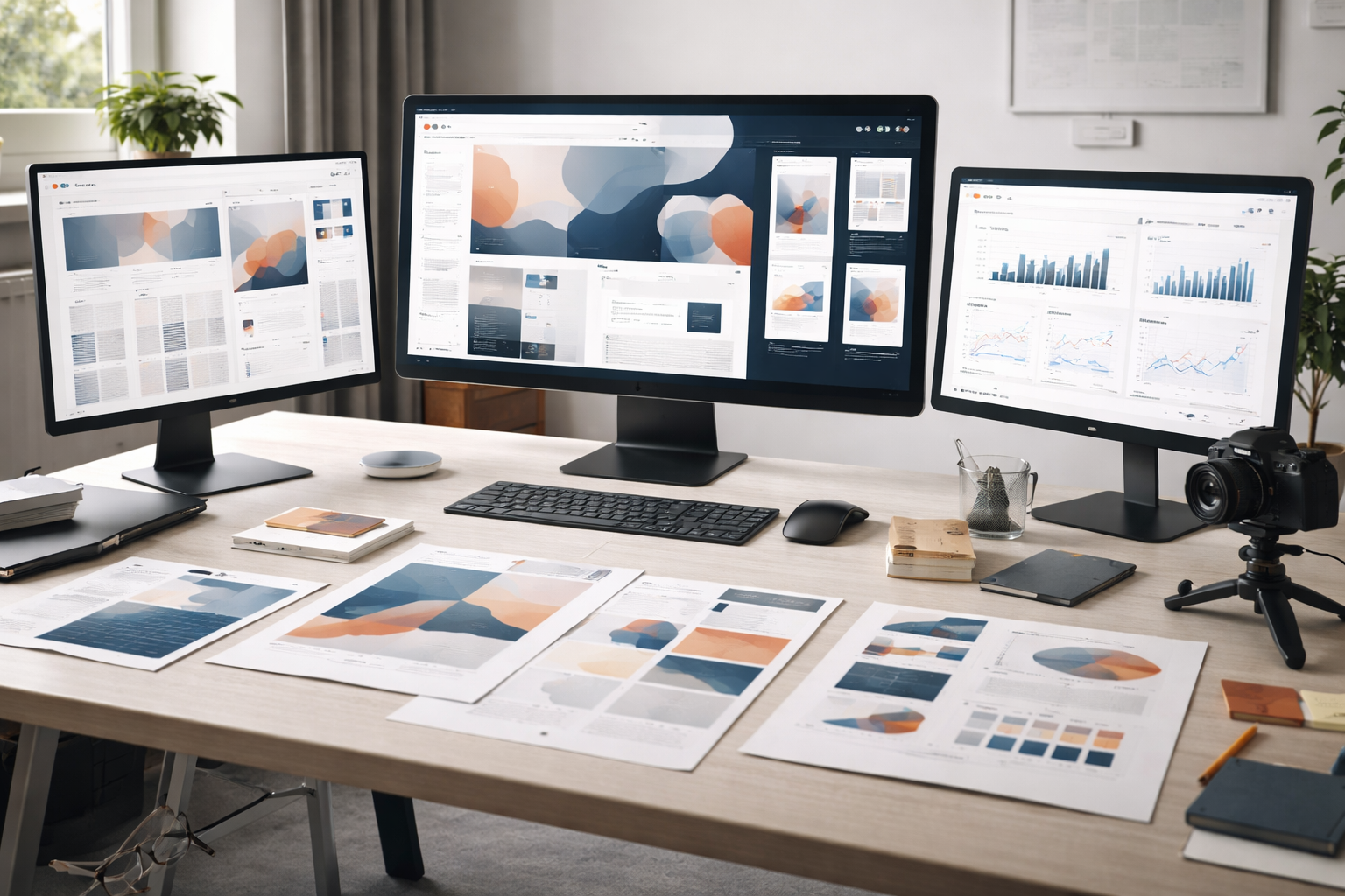 Halbtotale eines hochwertigen Arbeitsplatzes in einer deutschen Designagentur mit mehreren Screens, Druckmustern, Farbchips, Kamera-Setup und Notizen für einen konsistenten Markenauftritt über Print und Digital.