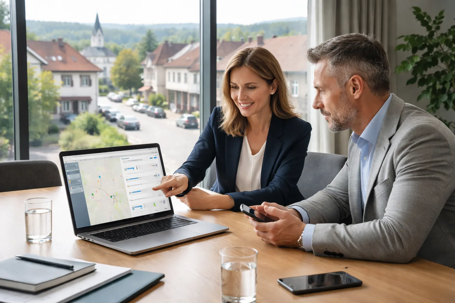 Fotorealistisches Werbebild
eines SEO-Beratungsgesprächs in einem deutschen Mittelstandsunternehmen in Asbach mit Fokus auf lokale Sichtbarkeit,
Datenanalyse und KI-gestützte Suche.