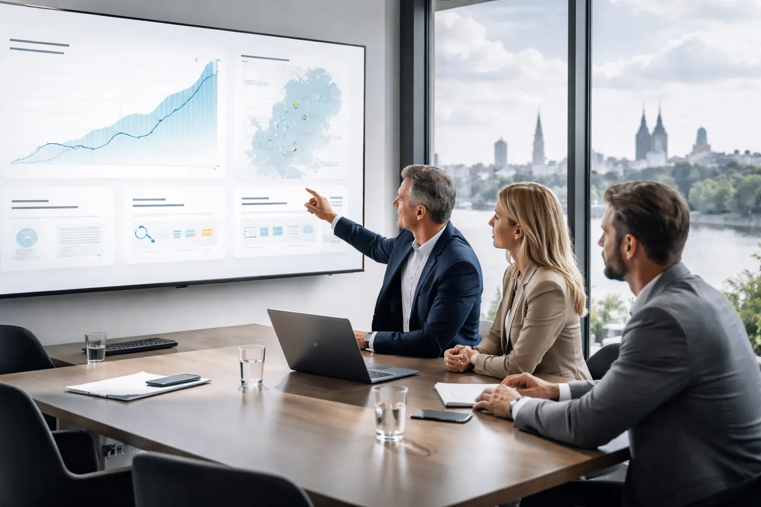 Fotorealistisches Hero-Bild:
Deutsche B2B-Entscheider analysieren in einem modernen Konferenzraum im Rheinland ein textfreies Dashboard zu Google-,
Maps- und KI-Sichtbarkeit.