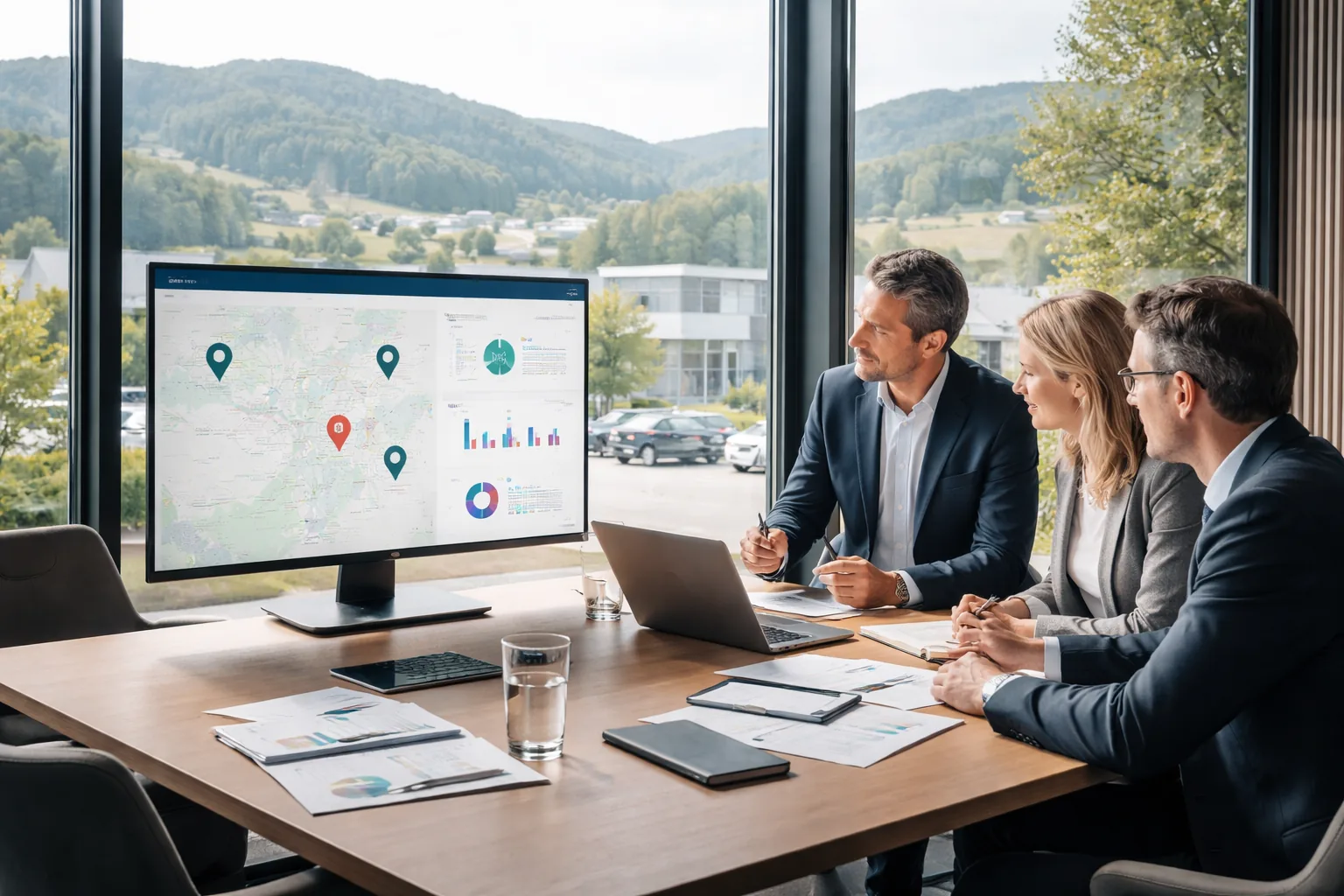 Fotorealistische Werbeaufnahme eines B2B-Meetings in einem modernen deutschen Besprechungsraum mit
Blick auf den Westerwald; auf Laptop und Monitor sind textfreie Karten- und Analysedarstellungen zur lokalen
Sichtbarkeit und SEO-Prüfung zu sehen.