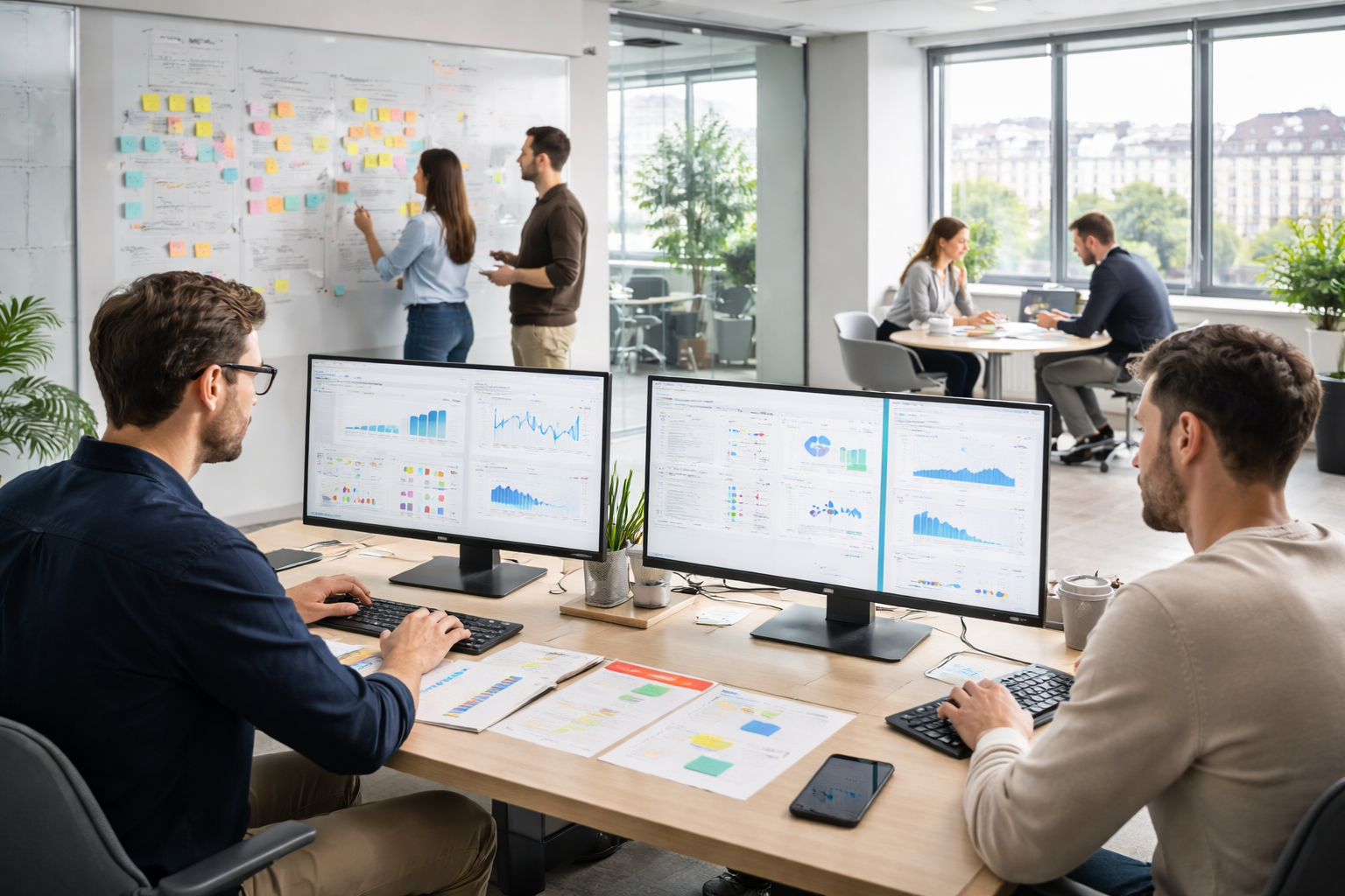 Weitwinkel-Hero-Bild eines fokussierten Teams in einem hellen deutschen Agentur-Office mit SEO-, Google-Ads- und Strategiearbeit in einer modernen, fotorealistischen Werbeaufnahme.