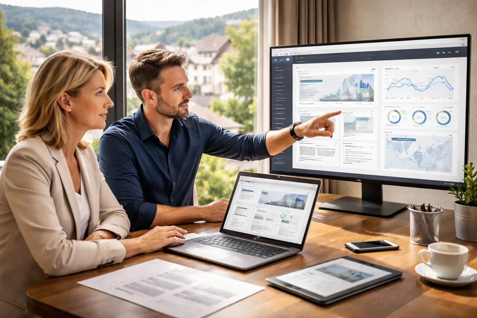 Zwei Fachleute in einem modernen
deutschen Besprechungsraum analysieren Webdesign, Sichtbarkeit und Anfragen an Laptop und Monitor, mit subtiler
Asbach-/Westerwald-Anmutung im Hintergrund.
