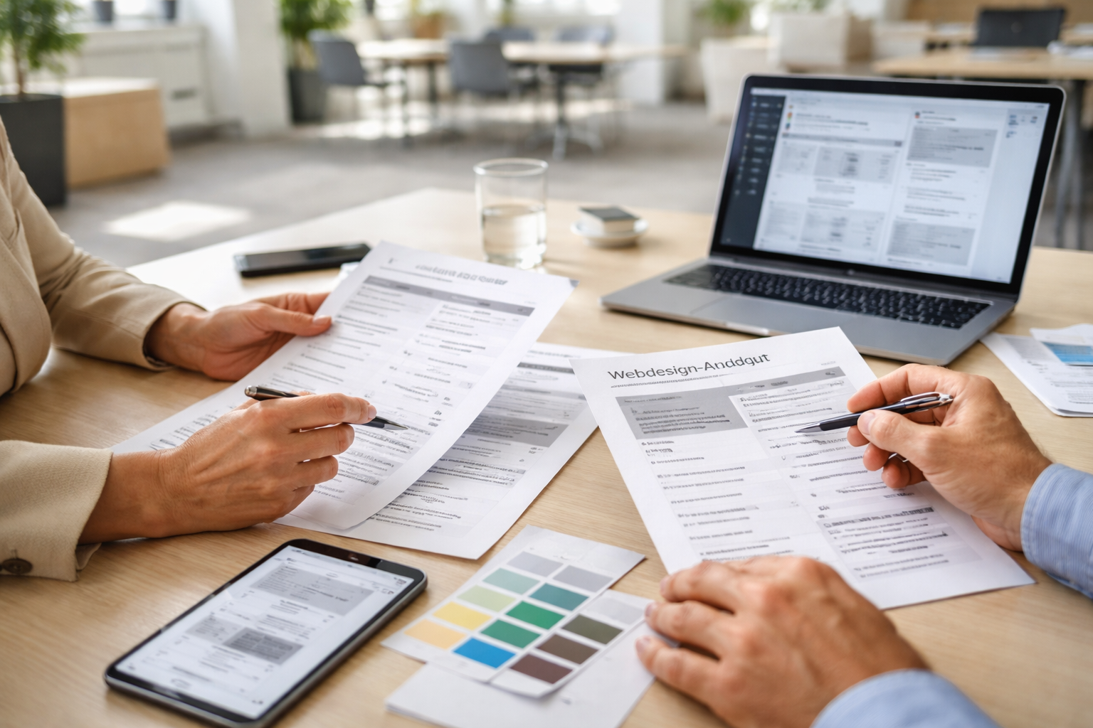 Detailaufnahme in hellem deutschen Agentur-Office: Zwei Personen vergleichen professionell Webdesign-Angebote und Website-Unterlagen auf einem Konferenztisch.