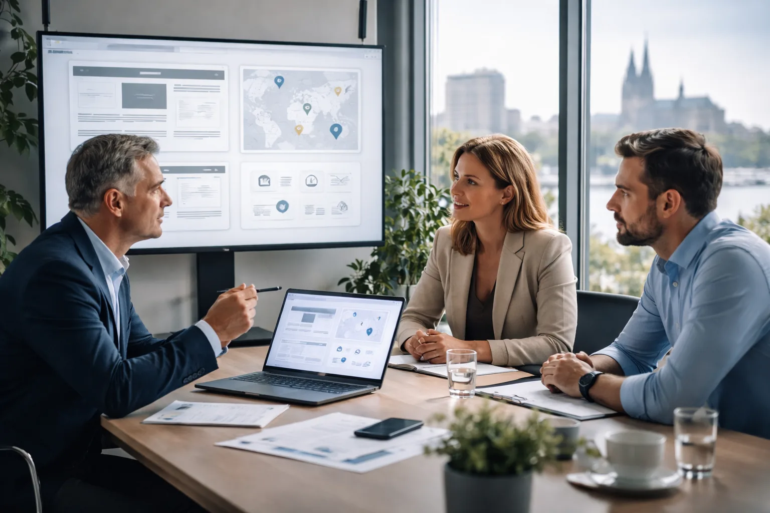 Fotorealistisches
B2B-Hero-Bild: Mittelstands-Team in modernem Besprechungsraum im Rheinland analysiert auf textfreien digitalen
Oberflächen Website, lokale Sichtbarkeit, Kartenpräsenz und KI-relevante Struktur; im Hintergrund dezenter
Rhein-Metropolen-Kontext.