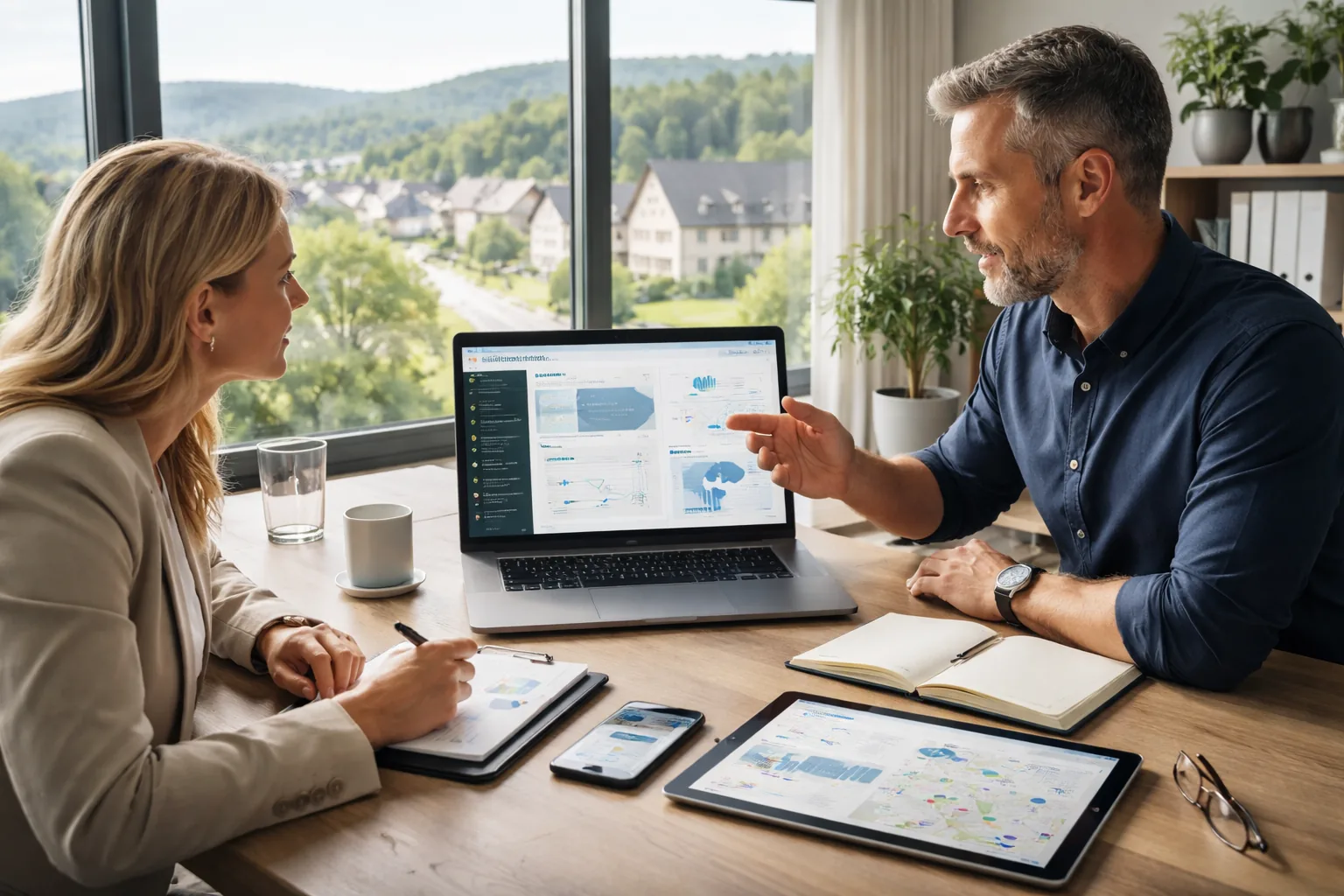 Fotorealistische
Werbeaufnahme einer professionellen Webdesign- und SEO-Beratung in einem modernen deutschen Besprechungsraum mit Laptop,
Analytics, lokaler Kartenansicht und Westerwald-Landschaft im Hintergrund.