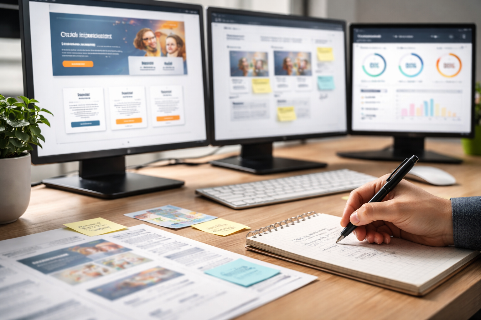 Detailaufnahme eines deutschen Agenturarbeitsplatzes mit mehreren Monitoren, unscharfen Notizen, Landingpage-Review und Performance-Dashboards als sachliches Hero-Bild für die Bewertung und Einfuehrung eines Webentwicklungs-Abos.