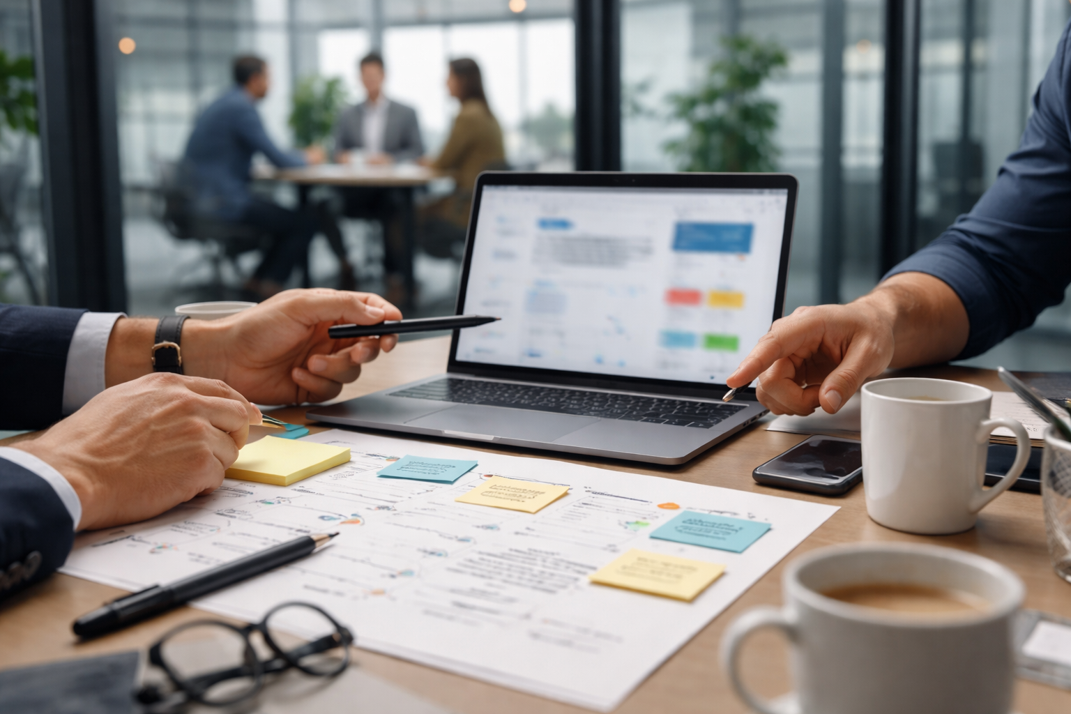 Detailaufnahme eines Workshop-Tisches in einem modernen Besprechungsraum mit Glaswänden: Hände von Teammitgliedern zeigen auf Laptop, Notizzettel und Marker, während im Hintergrund ein kleines Business-Team unscharf diskutiert.