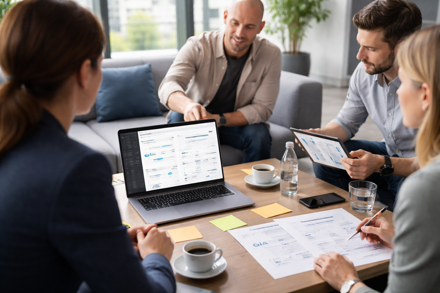 Fotorealistische Werbeaufnahme eines fokussierten Kundentermins in einer aufgeräumten deutschen Office-Lounge, aus Over-the-shoulder-Perspektive, mit Laptop, Wireframes, Haftnotizen und QA-Unterlagen zur laufenden Website-Betreuung.