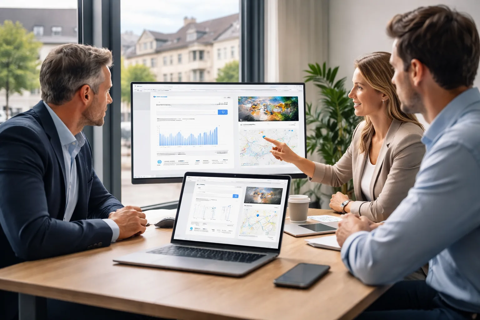 Fotorealistische
Werbeaufnahme eines deutschen Business-Meetings zur Planung einer neuen Website in Asbach mit Fokus auf Sichtbarkeit,
Anfragen und KI-Suche.